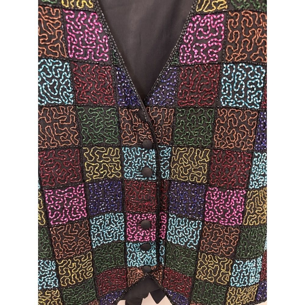 Spenser Jeremy Vintage Multicolor & Blk Beaded Sequin Embellished 100% Silk Vest - Picture 9 of 15